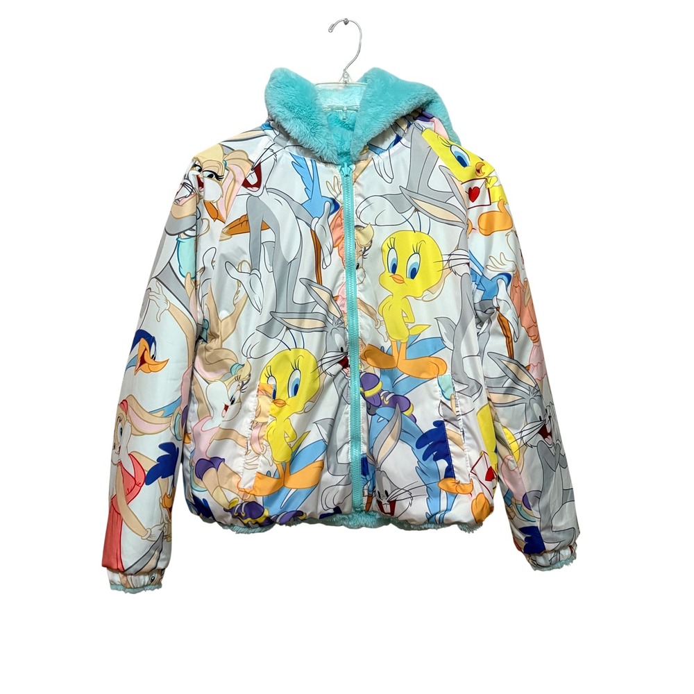 Members Only Looney Tunes Reversible Faux Fur Hooded Jacket Teal Bugs Bunny L